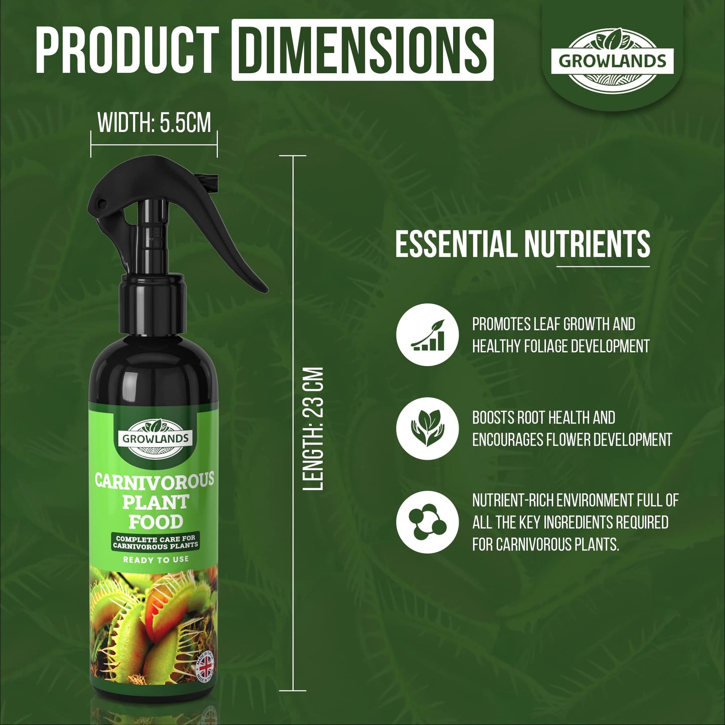 Growlands Carnivorous Plant Food Spray - 300 ml Plant Fertilizer - Designed for all Carnivorous Plants - Venus Fly Trap Plant Food, Sundew Food, Pitcher Plant Food - Ready to Use Spray