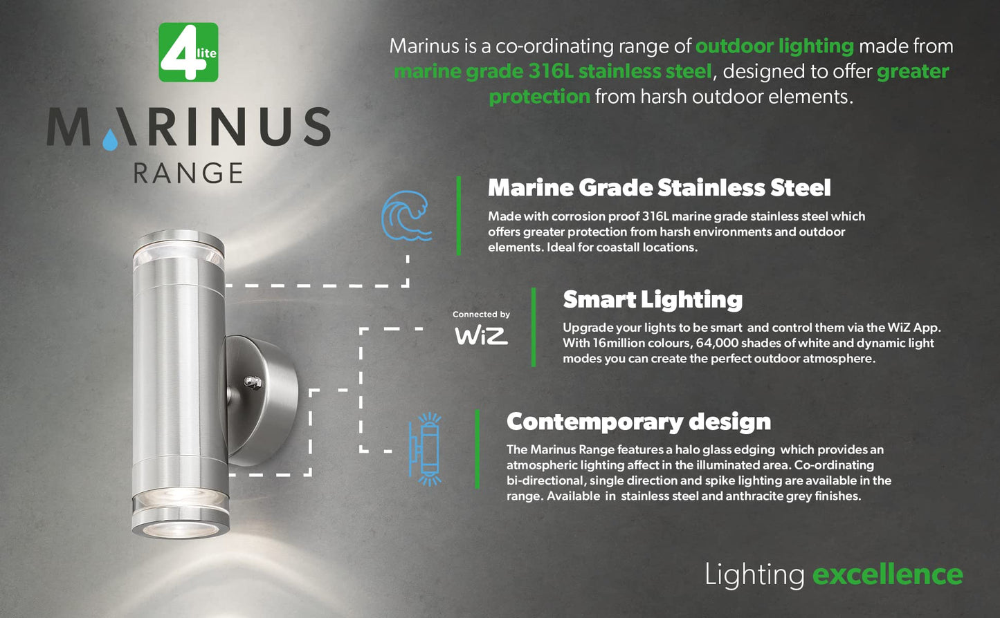 4lite Marinus Outdoor Up Down Wall Light (Stainless Steel) Rust Free IP44 Rated Motion Sensor Exterior Wall Lamp - 4L2/2306-4Yr Guarantee