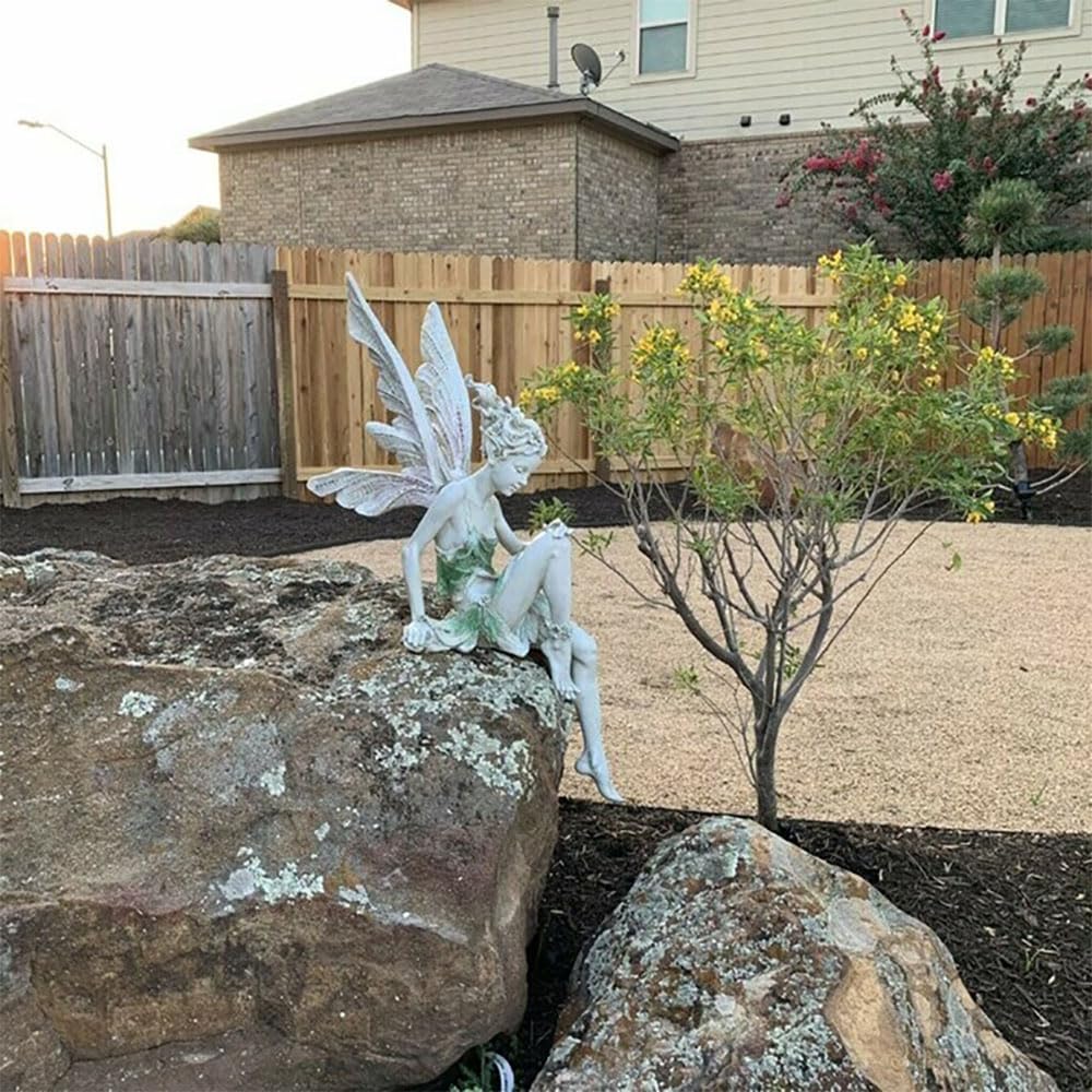 LSRVNM Fairy Garden Ornaments Outdoor 22cm Resin Sitting Fairy Statue Flower Fairy Figurine with Wings, Miniature Fairies Sculpture for Garden, Patio