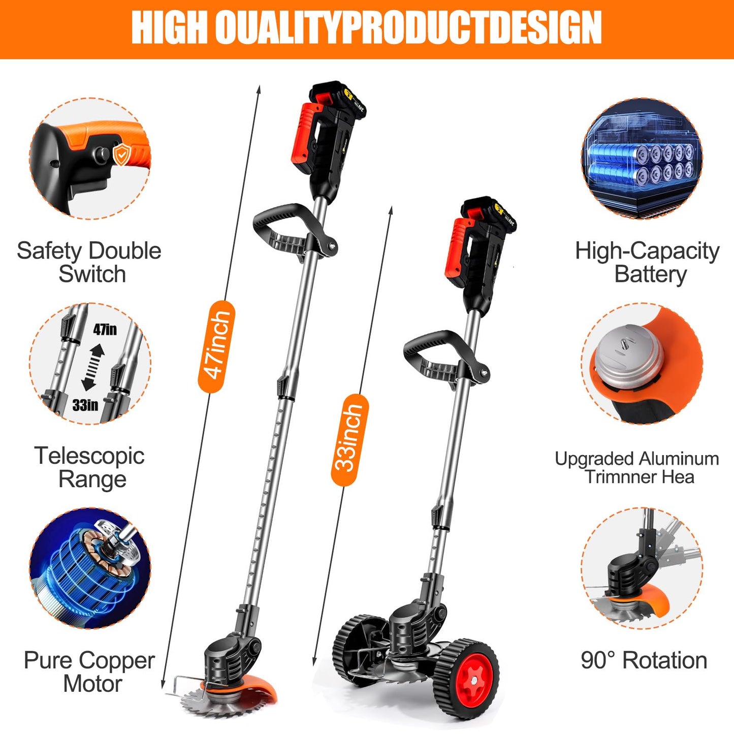 ZJS Cordless Strimmer 21v Garden Strimmer with 2 4.0Ah Batteries Grass Trimmers with 25 Blades Electric Strimmer Detachable Battery Strimmer Height Adjustable Suitable for Garden Lawn Trimming