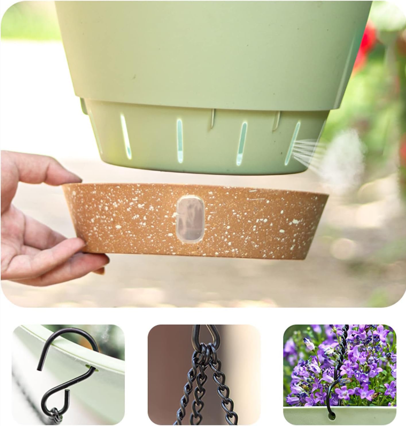 LSRVNM 3 Pack Hanging Plant Pot, Self Watering Planter with Removable Visible Water Tray Drainage Holes Chain Hooks, Hanging Flower Pot for Indoor Outdoor Garden (White)