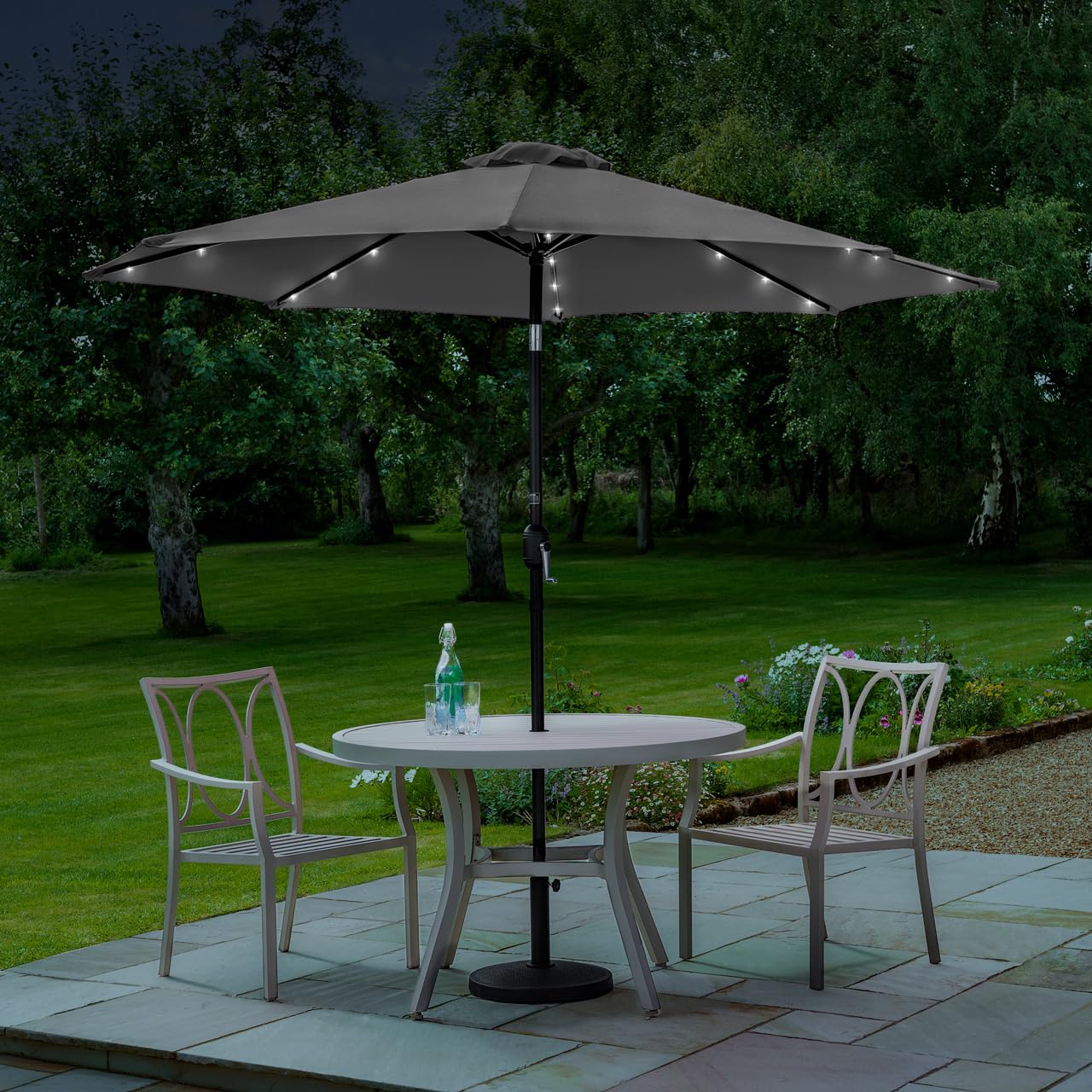 Harrier Crank & Tilt Parasol with LED Lights [2.7m] – Outdoor Garden Patio Umbrella with Optional Waterproof Cover – 5 Colour Options (Grey, Parasol Only)