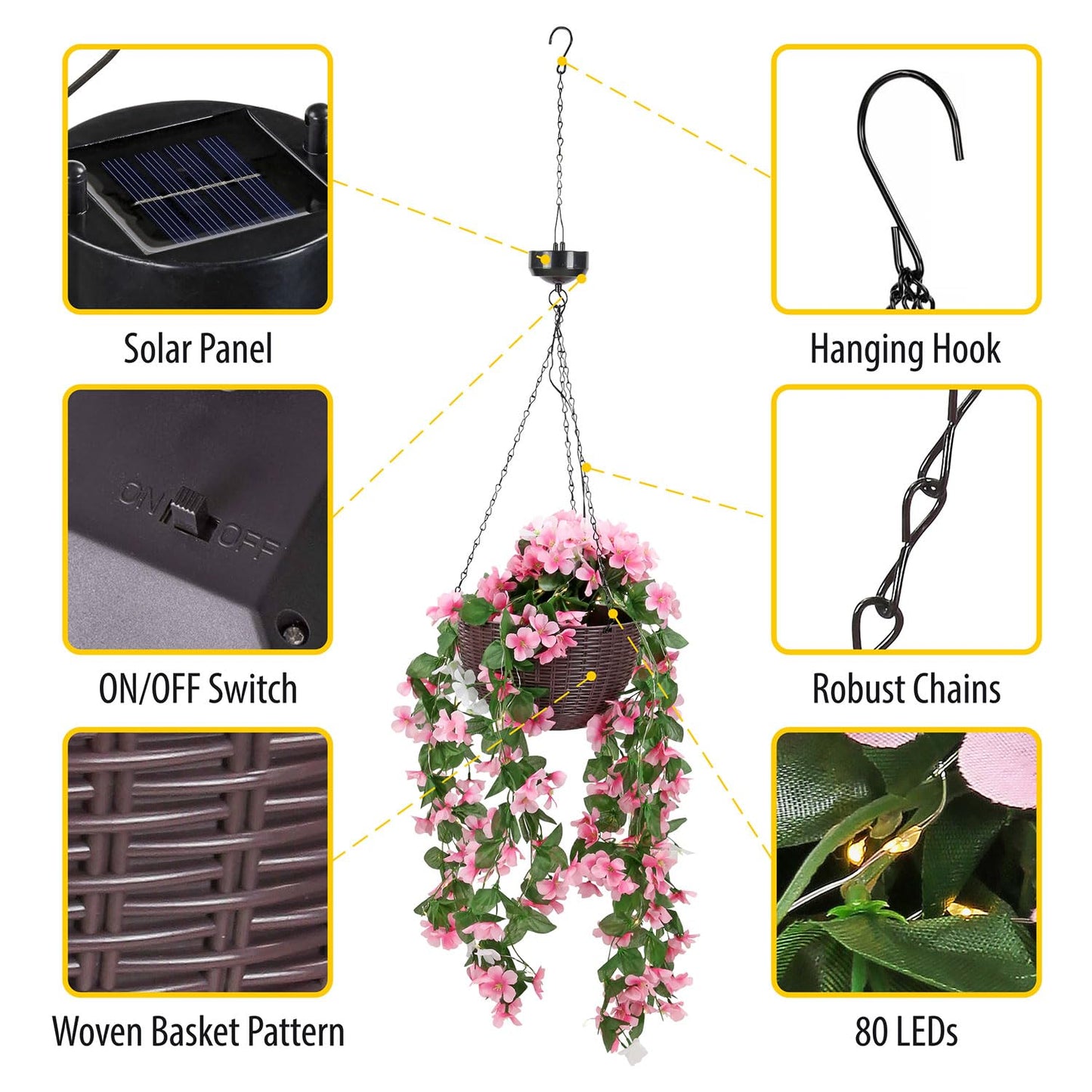 Taylor & Brown Solar Powered Artificial Floral Outdoor Hanging Basket With 80 LED's Brown Rattan Effect Planter for Patio Lawn Garden Landscape Décor with Chain