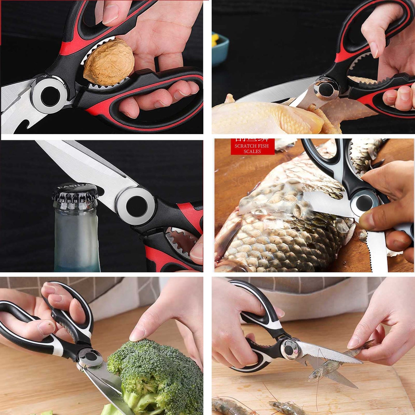 Heavy Duty Kitchen Scissors, Sharp Stainless Steel Scissors for Kitchen, Multipurpose Shears for Garden, Chicken, Poultry, Fish, Meat, Vegetables, Herbs, BBQ, Nuts (Red)