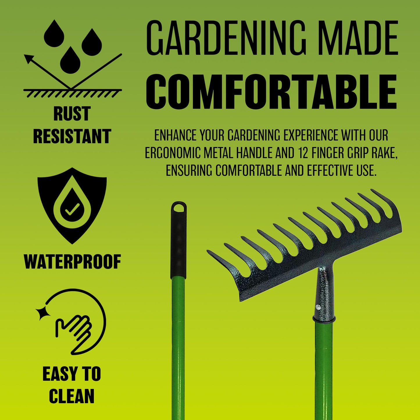 12 Teeth Lawn Rake with PVC Grip - Shaft Garden Handle Leaf Metal Head Carbon Steel Heavy Duty Raker | Gardening Hand Tool | for Raking, Weed Removal and for Working the Soil Grass Leaves