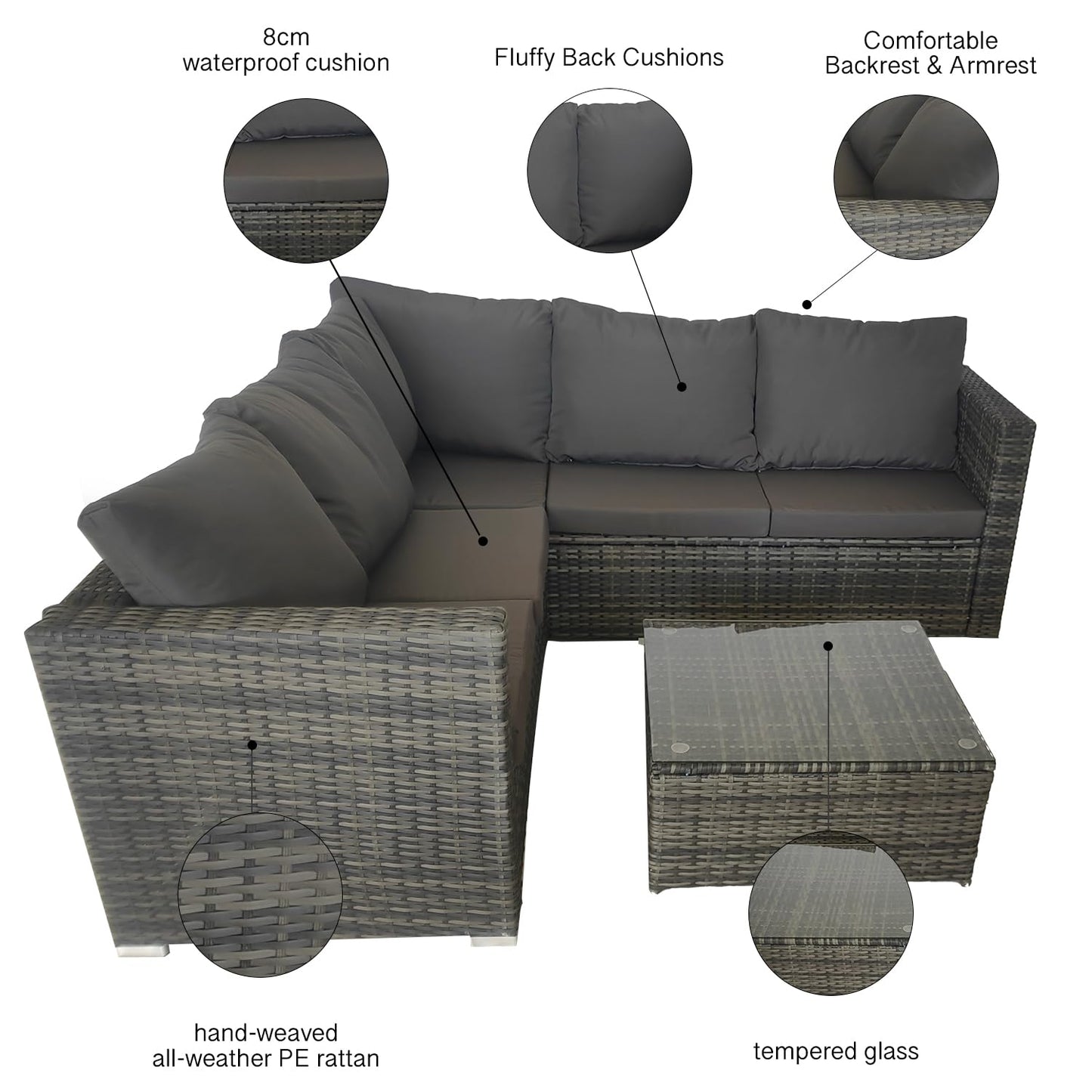COZYBRITE Garden Corner Sofa Rattan Furniture Set 5 Seater Patio Outdoor Lounge Settee with Coffee Table Cover All-weather SFS099-3