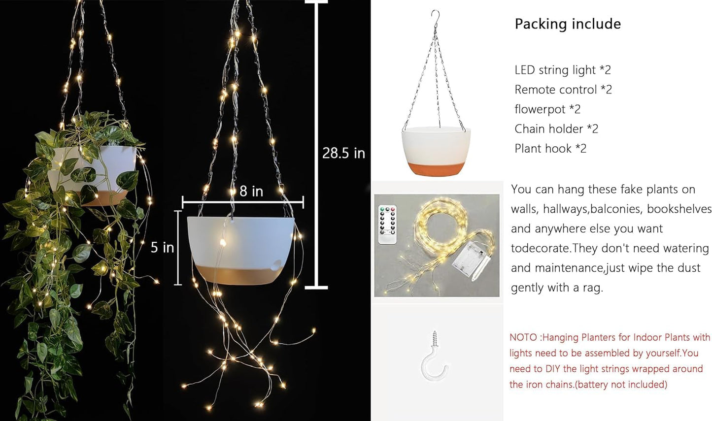 2 Pack Hanging Planters for Indoor Plants with LED Lights, Watering Hanging Pots Hanging Baskets Hanging Flower Pots with Drainage Holes & Removable Tray Outdoor Hanging Plants for Boho Home Window
