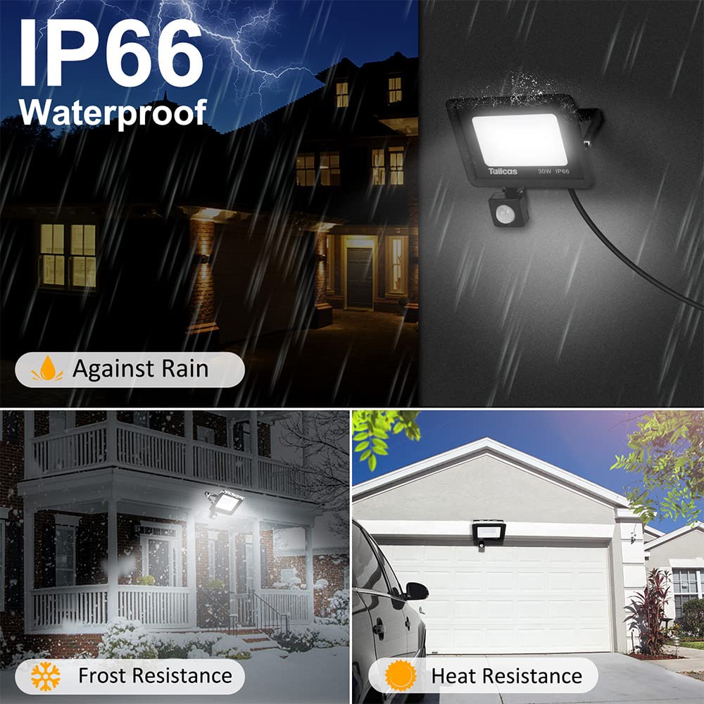 Security Lights Outdoor Motion Sensor, 30W 2700LM LED Flood Lights with PIR Sensor, IP66 Waterproof Outdoor Lights with 1.5M Wire, Daylight White Outside Wall Light for Garden, Garage, Forecourt