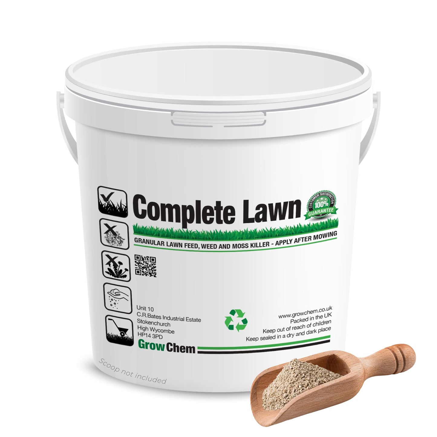 Grow Chem Complete Lawn Fertiliser (1KG Bucket) – Lawn Feed, Weed & Moss Killer - (Treats 32m Sq) - Stronger Turf & Greener Grass - All in One Lawn Treatment with Iron, Dicamba & Mecoprop-P