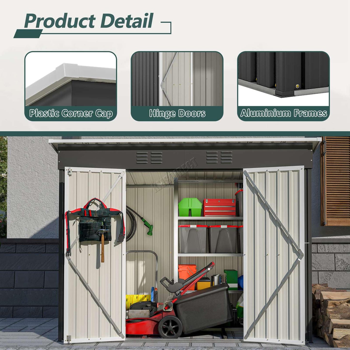 BIRCHTREE Garden Shed Metal Pent Roof 4FT X 8FT Outdoor Storage With Free Foundation Anthracite and White