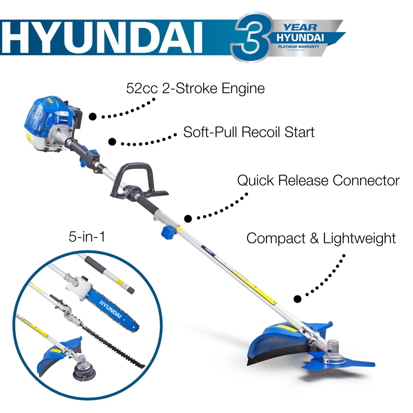 Hyundai 5 in 1, 52cc Long Reach Petrol Garden Multi Tool with 430mm Grass Trimmer, 425mm Hedge Trimmer, 10" Chainsaw, Brushcutter, 2-Stroke with 3 Year Warranty