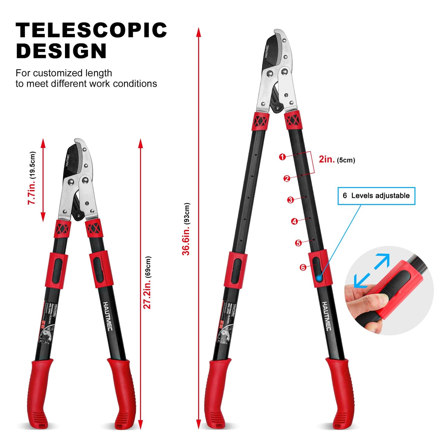 HAUTMEC Extendable 27-37'' Anvil Loppers with Compound Action System, 2 Inch Cut Capacity, Labor-Saving Tree Trimmer, Heavy Duty Thick Branch Garden Pruning Clippers Scissors HT0149-UK