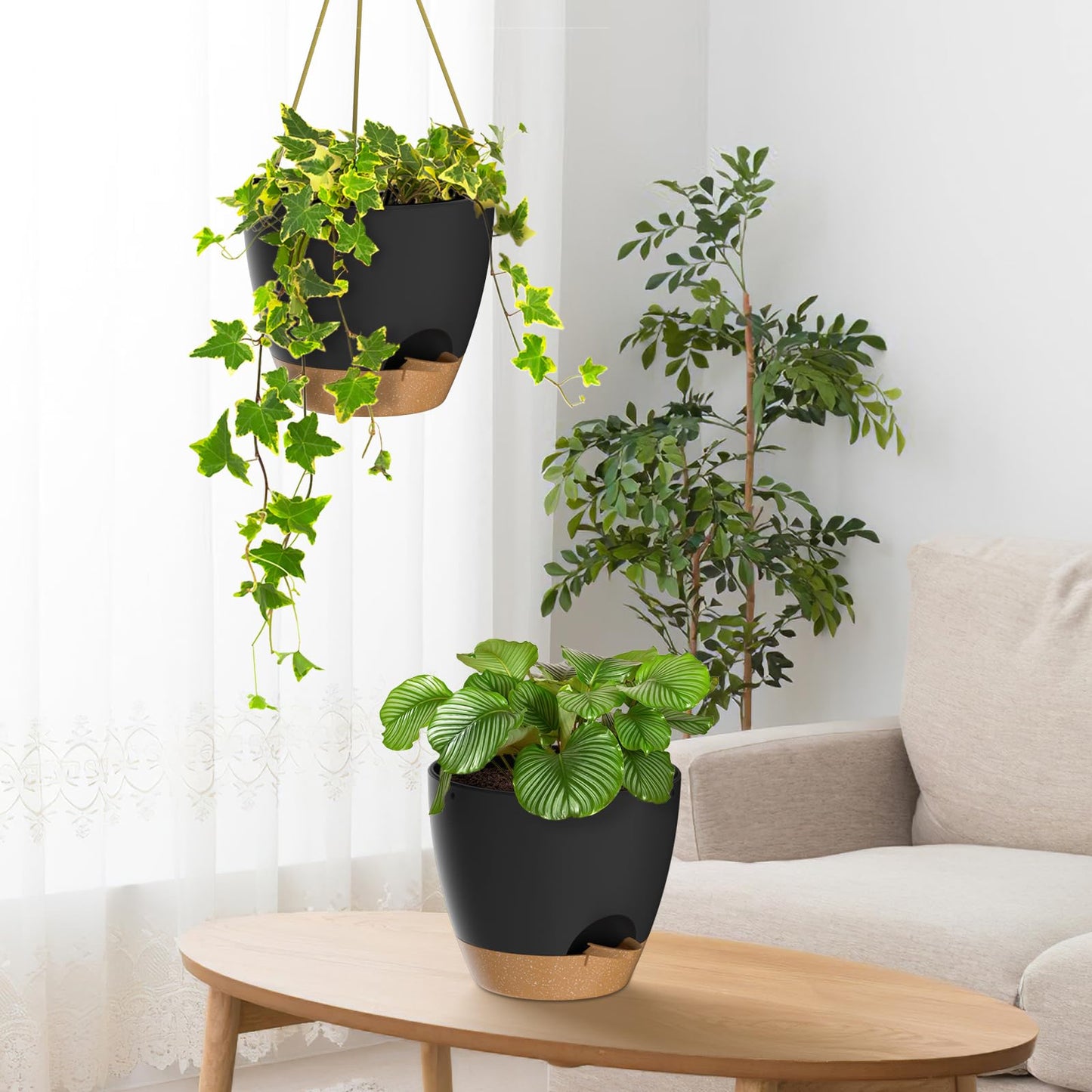 ZMTECH 25cm Hanging Planters with Watering Inlet 10 Inch Self Watering Plant Pot with Drainage Holes and Removable Saucer Plastic Flower Pot for Indoor Outdoor Plants (Black)