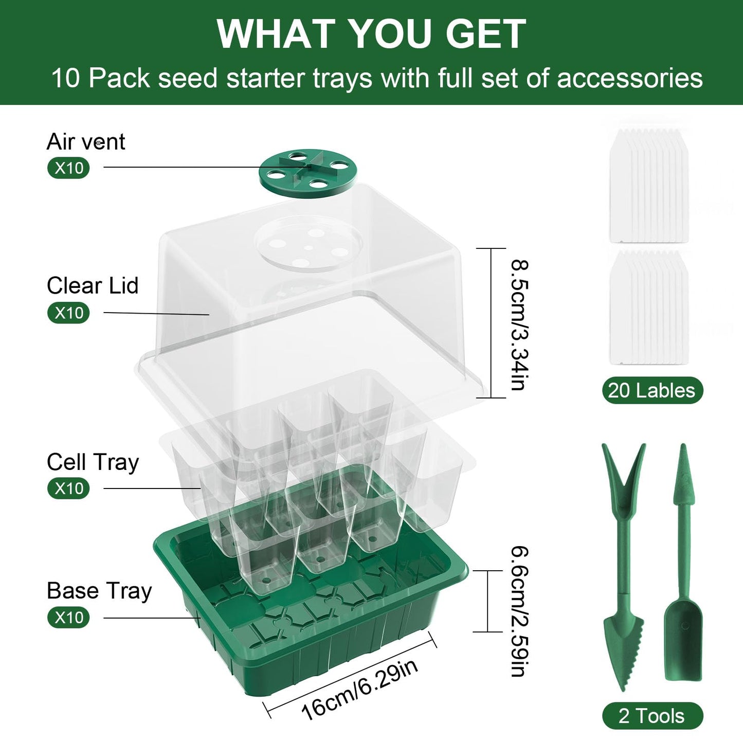 MQUPIN Seed Trays, 10 Pack 120 Cells Seed Propagators with Heightened Lid, Seedling Starter Reusable Growing Trays for Plants with Adjustable Window for Indoor or Outdoor, Green