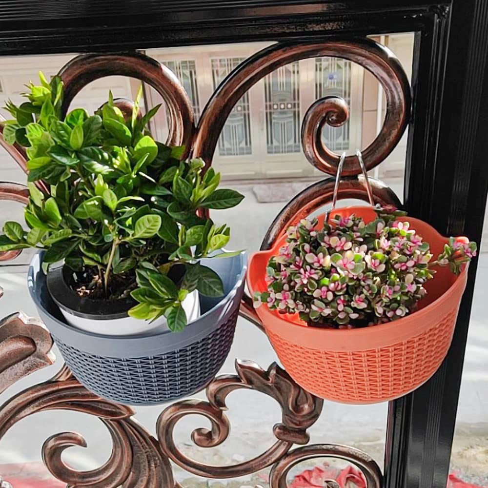 Set of 2 Pcs Hanging Planters Outdoor Hanging Basket Plastic Flower Pot Plants Holder Hanger for Balcony Fence Wall Mounted Planters Hanging Fence Planters with Drainage and 4 Hooks (F)