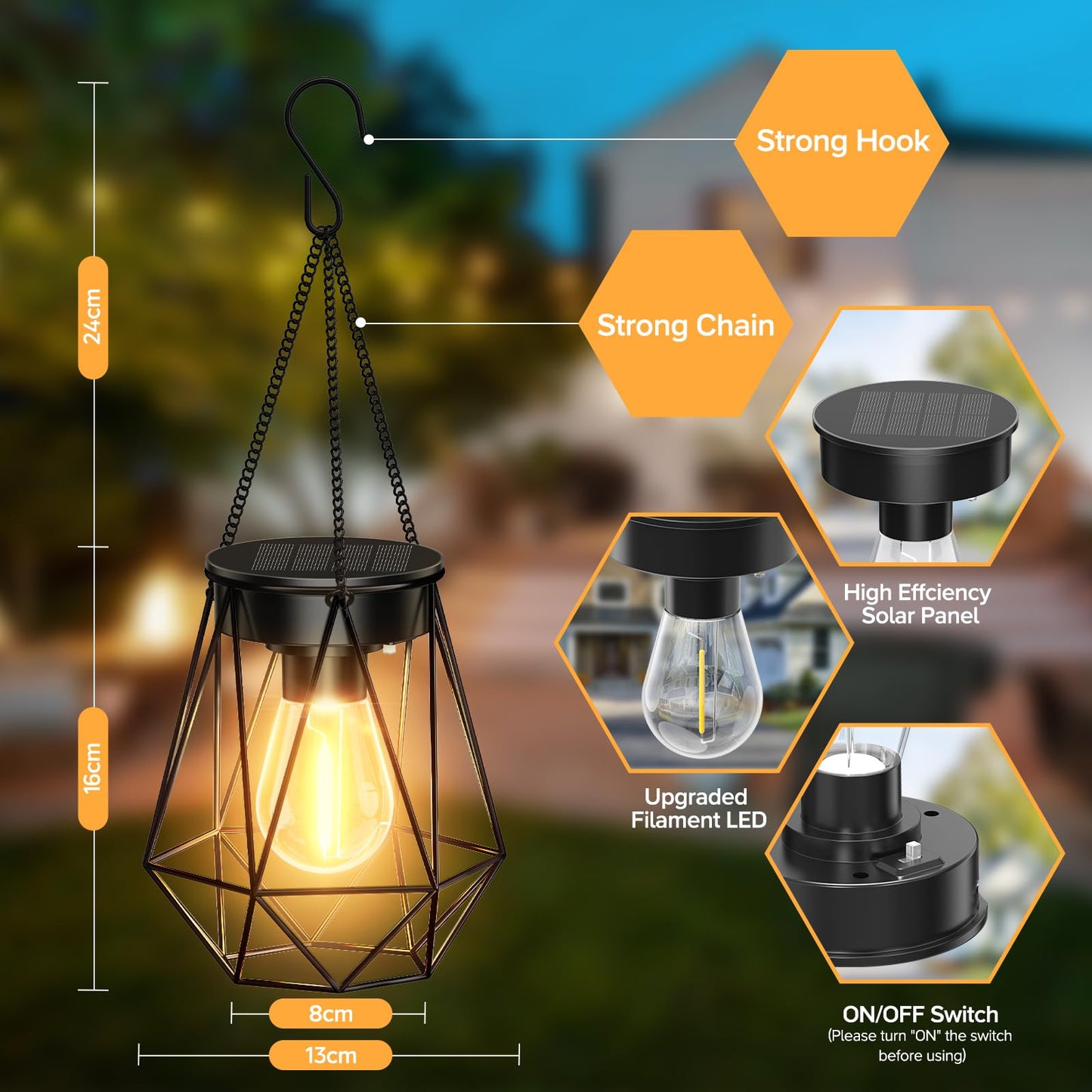 RECHOO Solar Lights - 2 Pack Hanging Garden Lanterns, Metal Warm White Waterproof Outdoor Lanterns for Decoration, Pathway, Patio