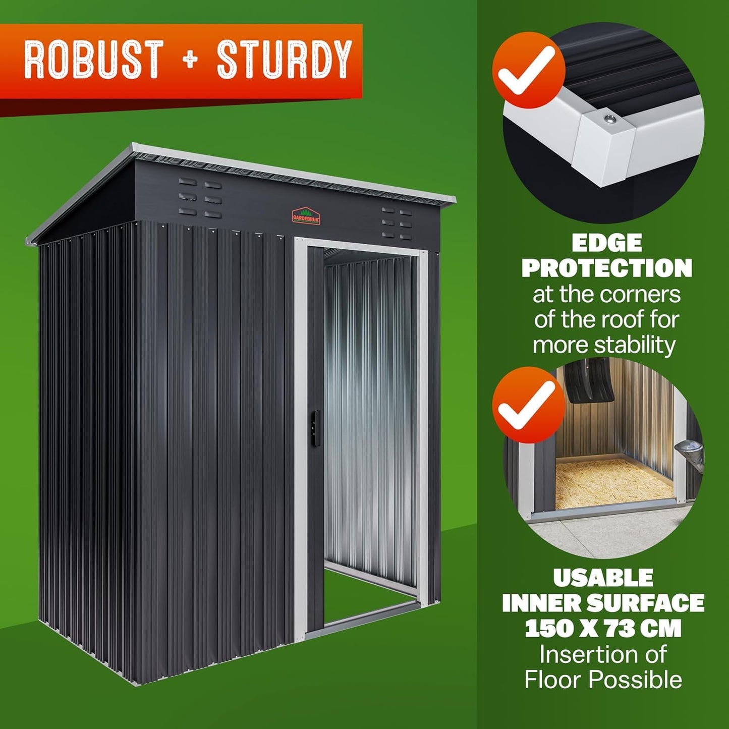 GARDEBRUK® Medium 5x3' Metal Tool Shed Garden Storage | 1.5m² | Pent Roof | 185x165x90cm | Sliding Door | Galvanised Steel Garden Equipment Utility Log Coal Bunker Storage | Anthracite Grey
