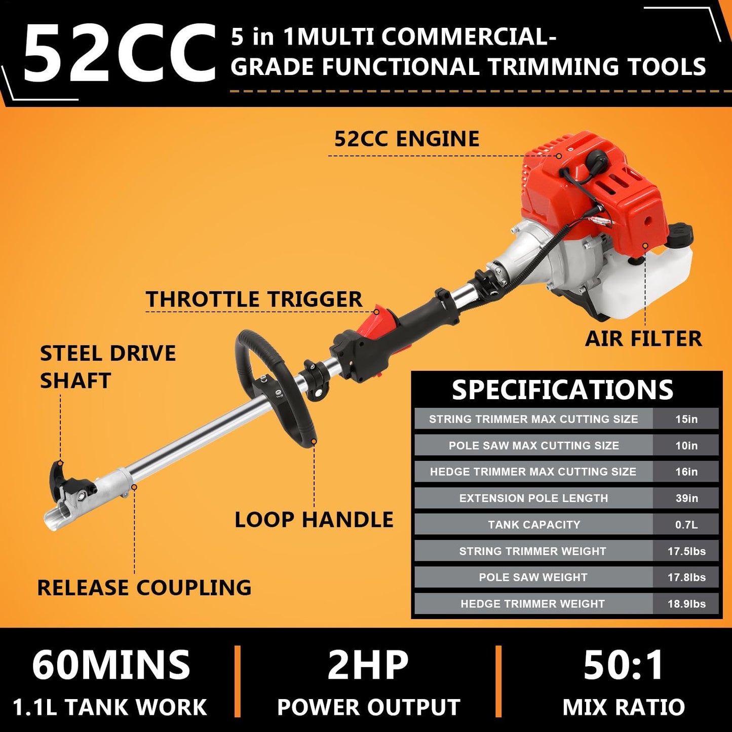 52cc Petrol Strimmer, 5 in 1 Multi Function Petrol Hedge Trimmer Garden Strimmer, String Trimmer, Brush Cutter with 3T Blade, Steel Wire Strimmer Weed Chainsaw