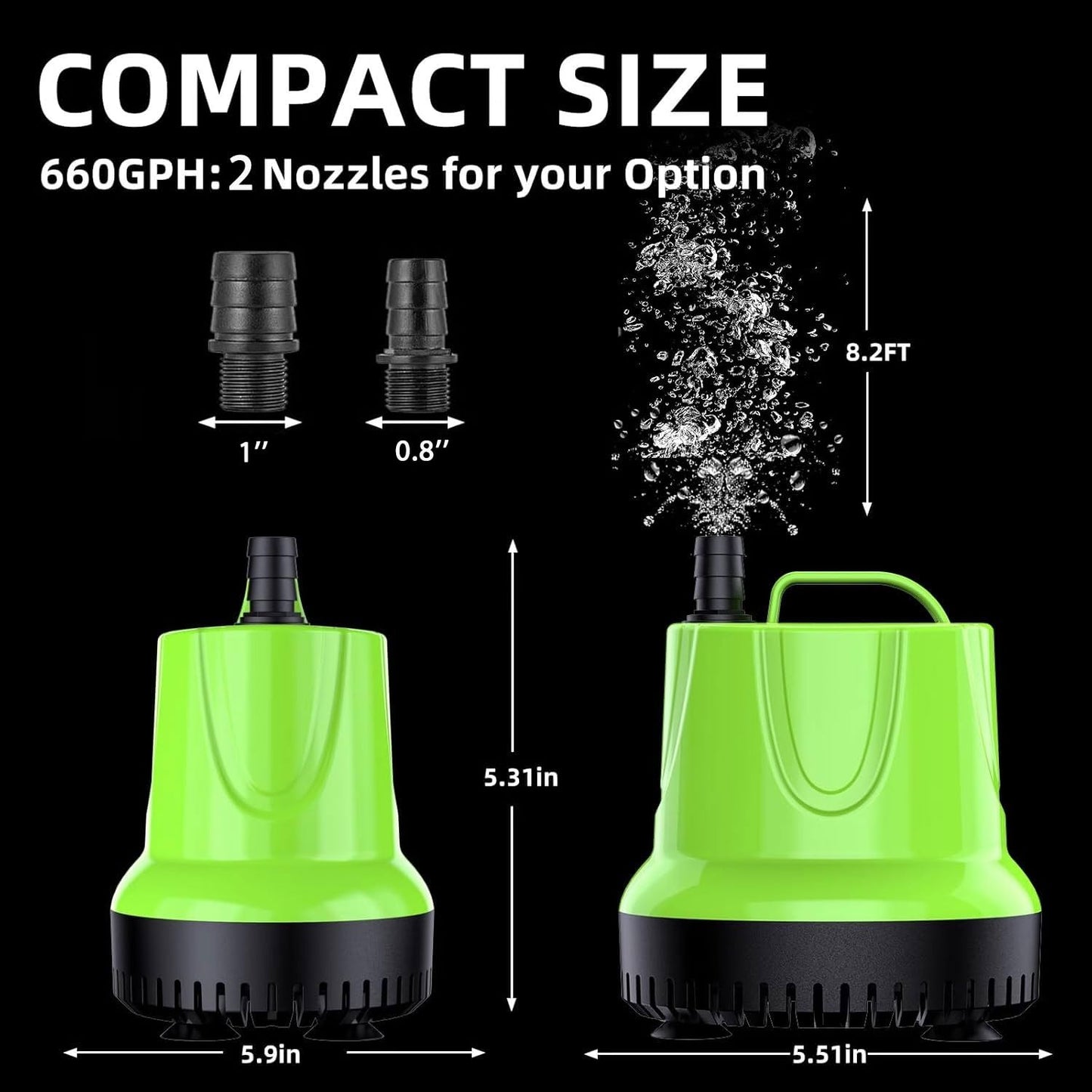 KINGYEENUO Submersible Water Fountain Pump, 40W Small Sump Pump 660 GPH, 2 Nozzles, with 8.2ft High Lift, Ultra Quiet Water Pump for Outdoor Pond Hydroponic Statuary Waterfall Aquarium Fish Tank