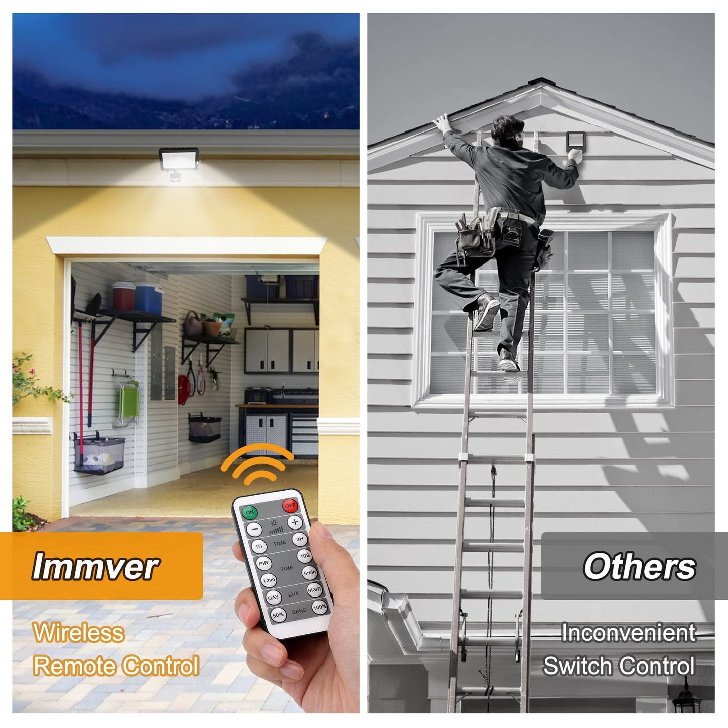 Immver 30W Security Lights Outdoor with IR Remote Control, PIR Motion Sensor, 3000LM 6000K Cool White LED Floodlights, IP66 Waterproof Wall Light for Garden, Backyard, Garage, Doorways