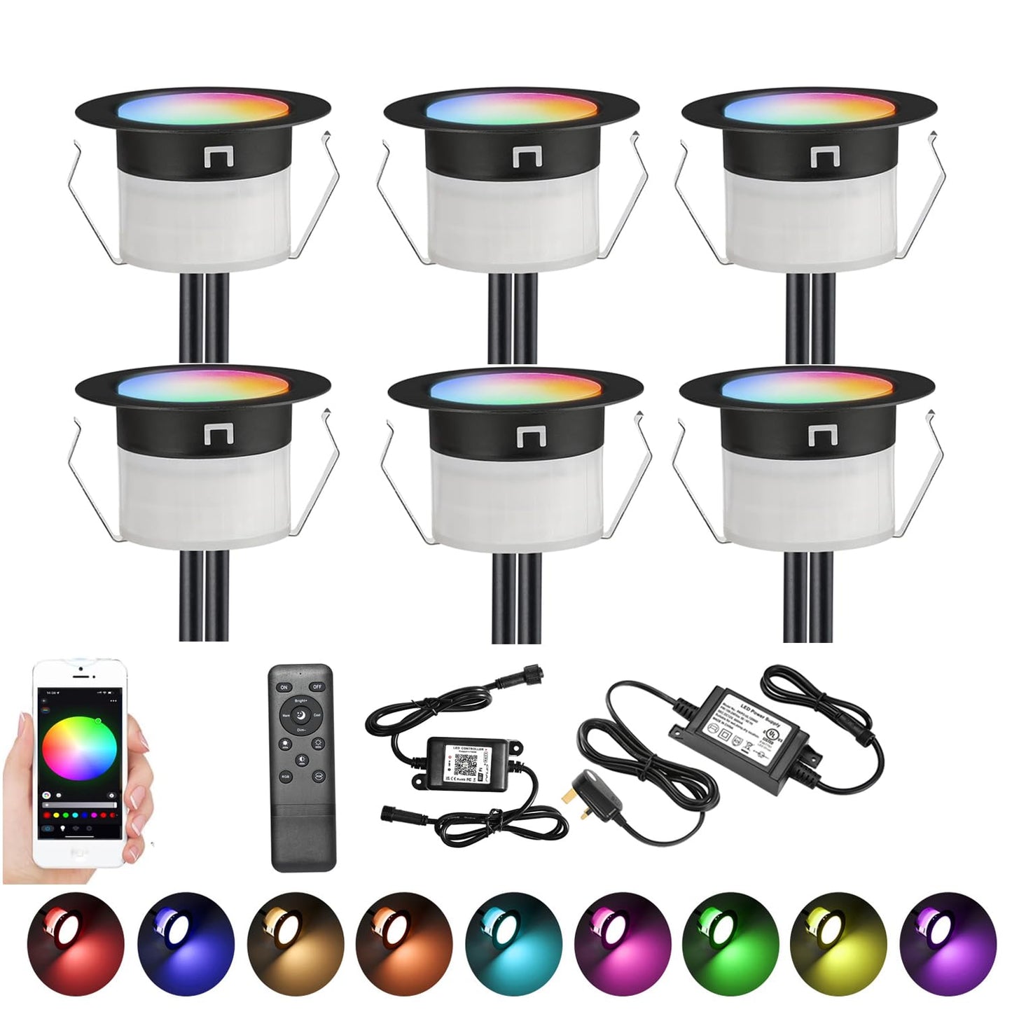GEYUEYA Home LED Decking Lights RGBW, Ø45MM 12V Deck Light (RGB-Warm White) Led Plinth Light Kits for Terrace/Patio/Garden/Decoration-6 Packs