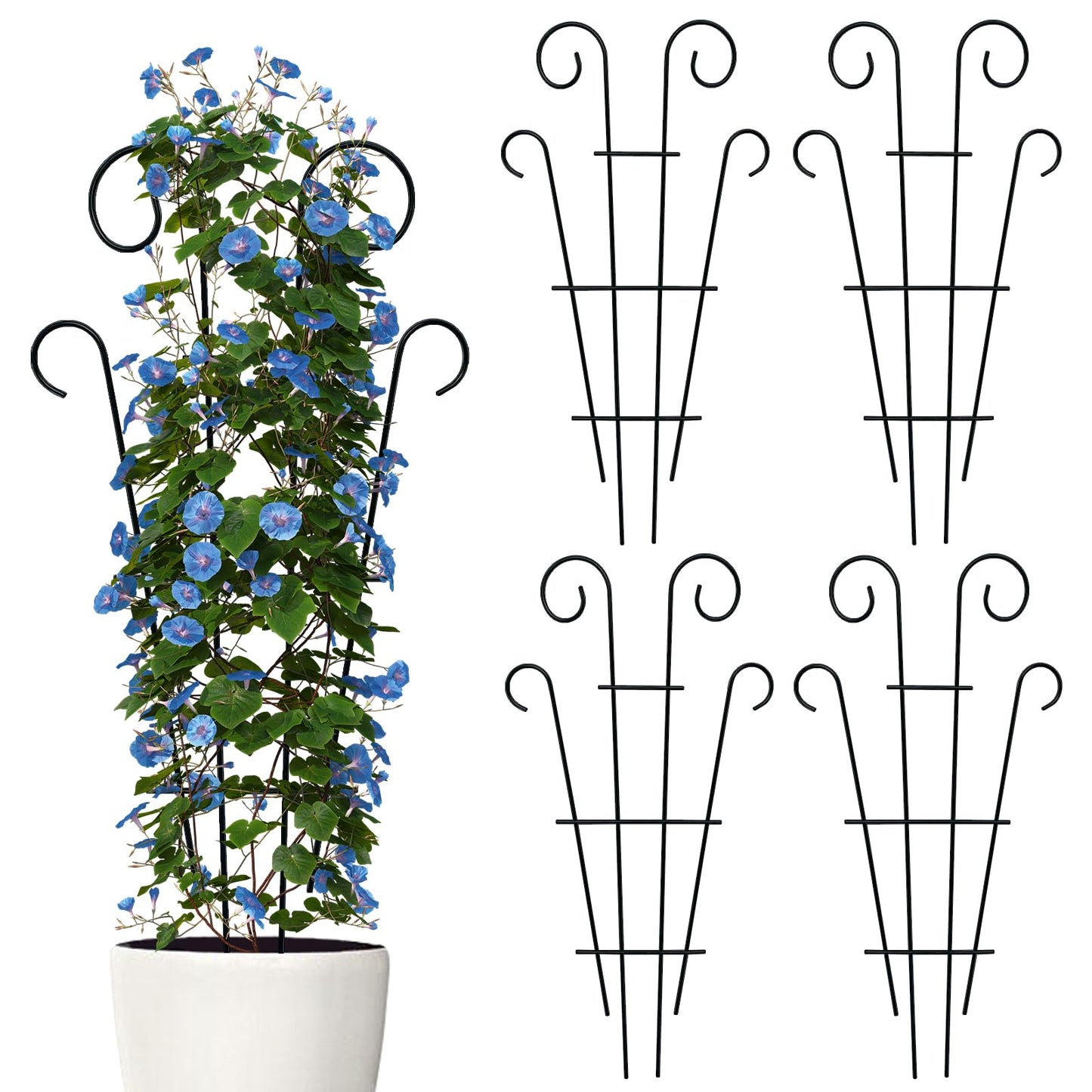 Thealyn 4 Pack Indoor/Outdoor Metal Plant Trellis, 81cm/32 in - Garden Trellis for Climbing Plants, Potted Houseplants, Flowers, Vines, Ivy - Wave Design, Black, for Patio, Yard, or Home