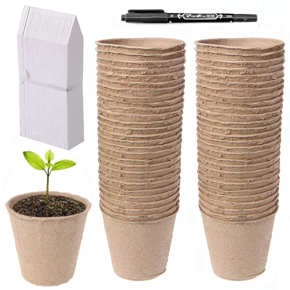 Abimars Biodegradable Fibre Seed Pots, 50 Pcs 8 cm Round Fibre Pots for Seedling with 50 Pcs Plastic Plant labels and Plant label pen