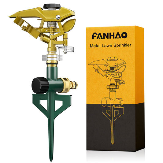 FANHAO Heavy Duty Pulsating Lawn Sprinkler on Spike Base, 100% Metal Impact Sprinkler with Adjustable Spray Pattern for Lawn Yard Irrigation, 360 Degree Large Area Coverage, Covers Up to 8500 sq. ft