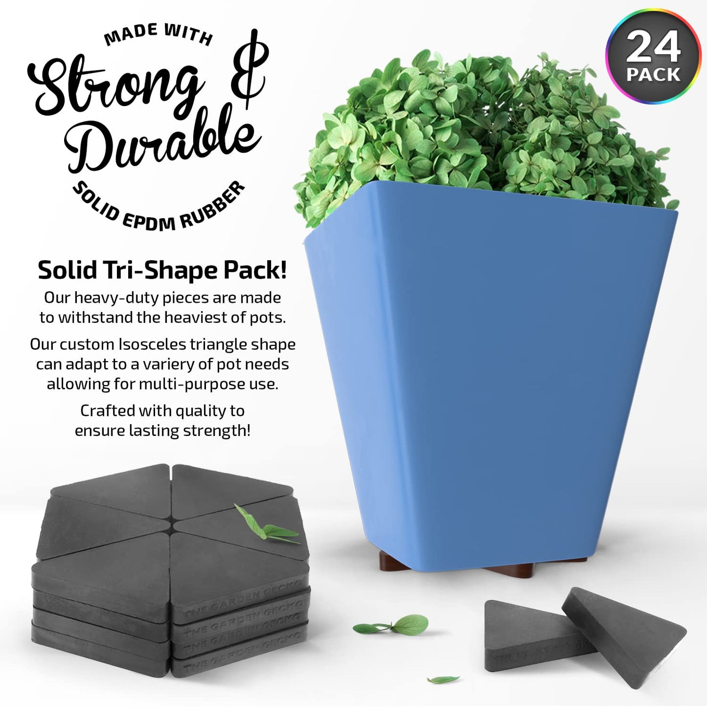 The Garden Gecko Invisible Pot feet for outdoor plant pots and flowers, solid rubber pot risers with a custom non-slip triangle surface grip | 24 PCS Solid Triangles