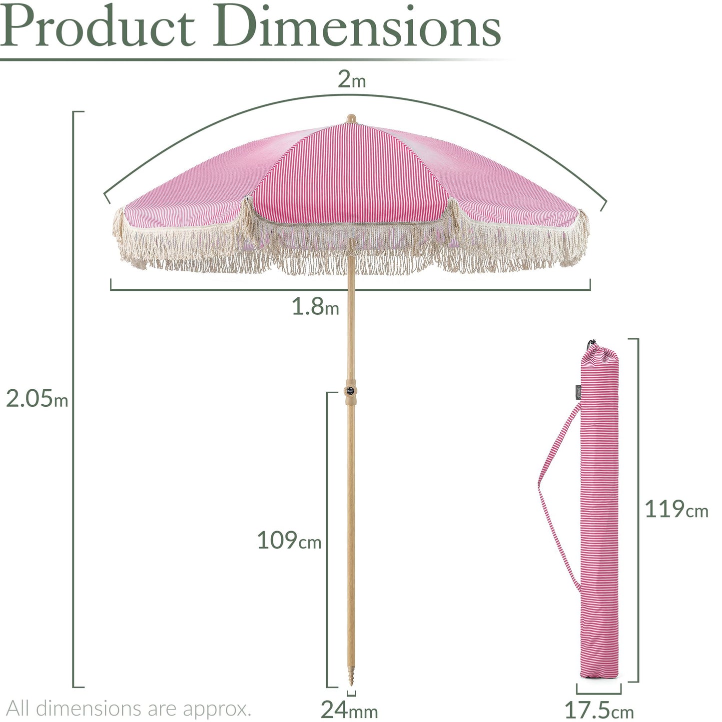 CHRISTOW Portable Garden Parasol with Tilt, 2m Cotton Tassel Beach Umbrella, Outdoor Patio Sunshade, Tilting Canopy, Wood Effect Steel Pole, UV50- Sun Protection, Water Resistant, Bag (Pink Stripes)