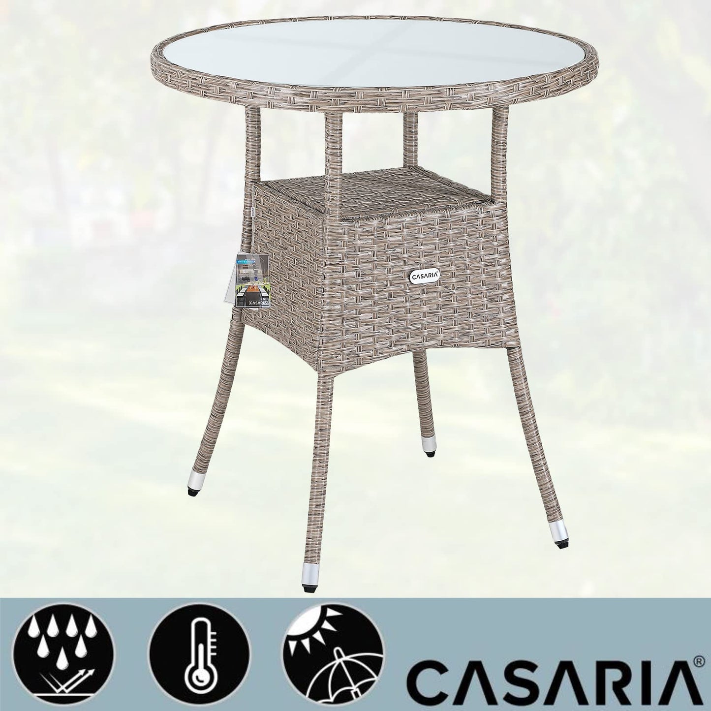 CASARIA® Round Coffee Table | Garden Table With Frosted Safety Glass Plate | Poly Rattan Outdoor Side Table | Weatherproof Patio Furniture | Balcony Bistro Cafe | 60cm | Beige