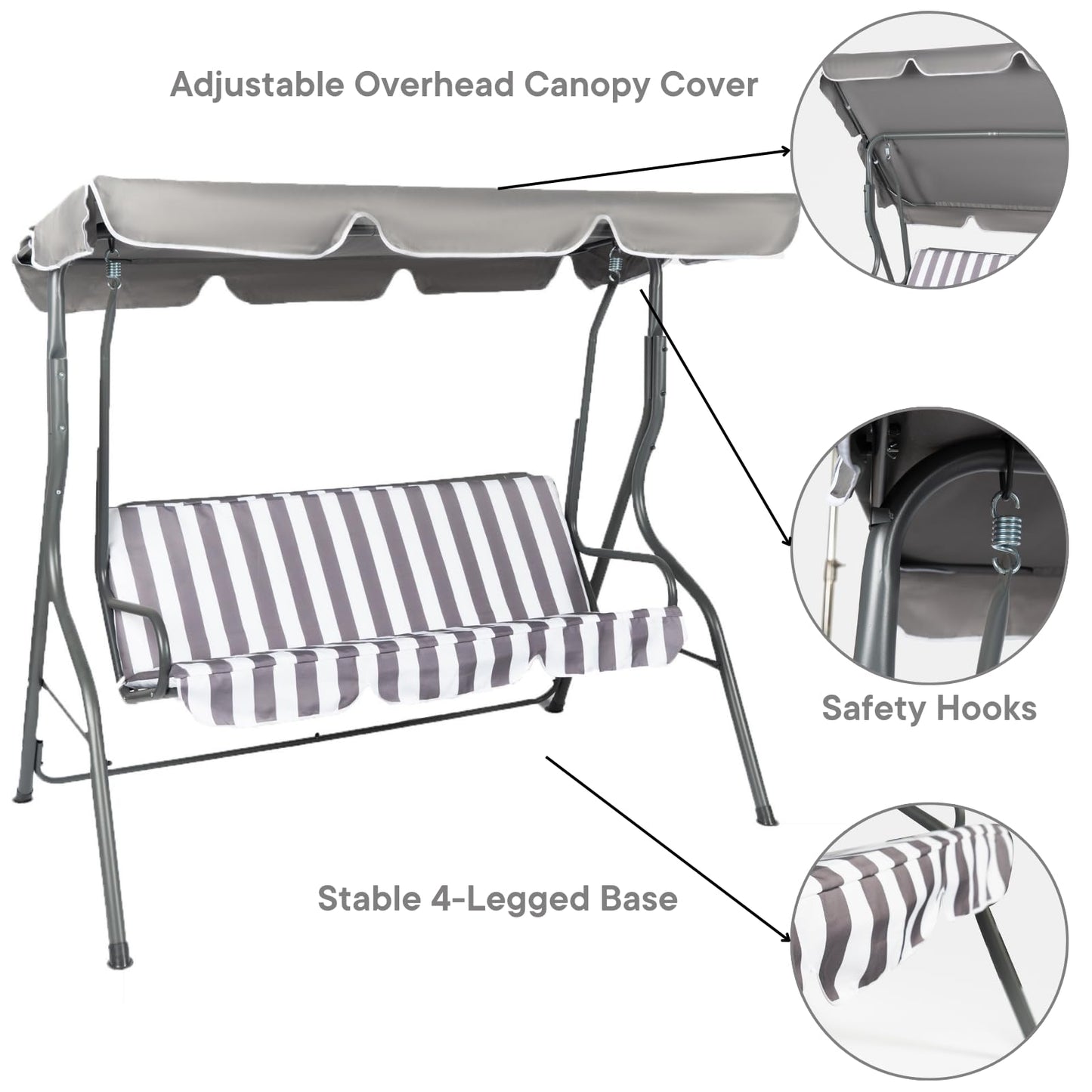OHS Garden Swing Bench, 3 Seater Swing Seat Outdoor with Adjustable Canopy & Cushioned Seats Relaxing Comfy Outdoor Patio Hammock Bench, Grey/White Stripe
