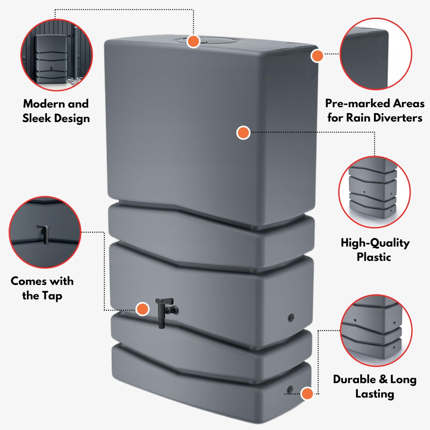 Water Butt with Tap - Modern Tower Shaped- Grey 350L - Ideal for Gardens and Terraces, Saves Water and Promotes Plant Growth