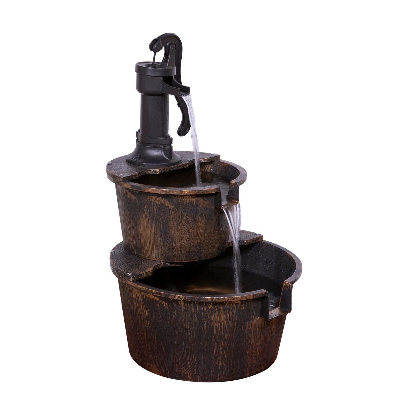 Alpine Corporation 69 cm Tall 2-Tier Barrel and Pump Waterfall Fountain, Bronze Finish