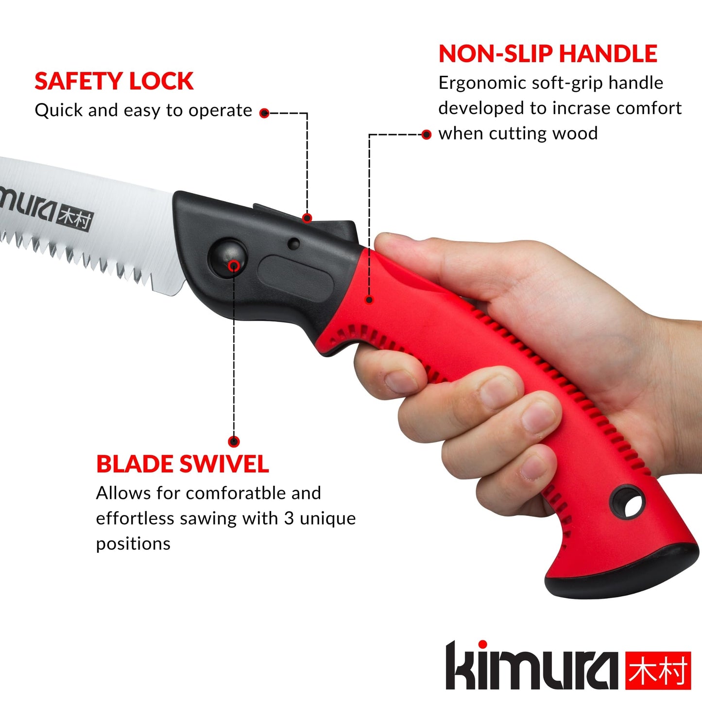 Kimura® Pro Folding Pruning Saw - Heavy Duty Premium Japanese SK5 Steel, Ergonomic Soft Non-Slip Handle, Lightweight Foldable Saw Ideal for Branches, Trimming, Camping, PVC, Hiking, Wood - 410mm