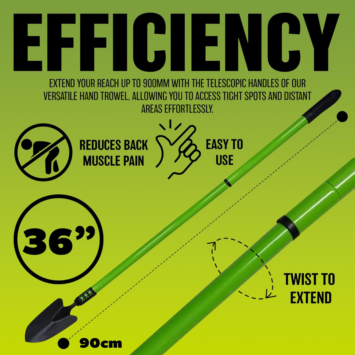 Long Handle Telescopic Hand Trowel - Extending, Gardening, Planting, Weeding, Expand, Grip | Garden Hand Tool | Soft Grip Handle | Durable & Long Lasting