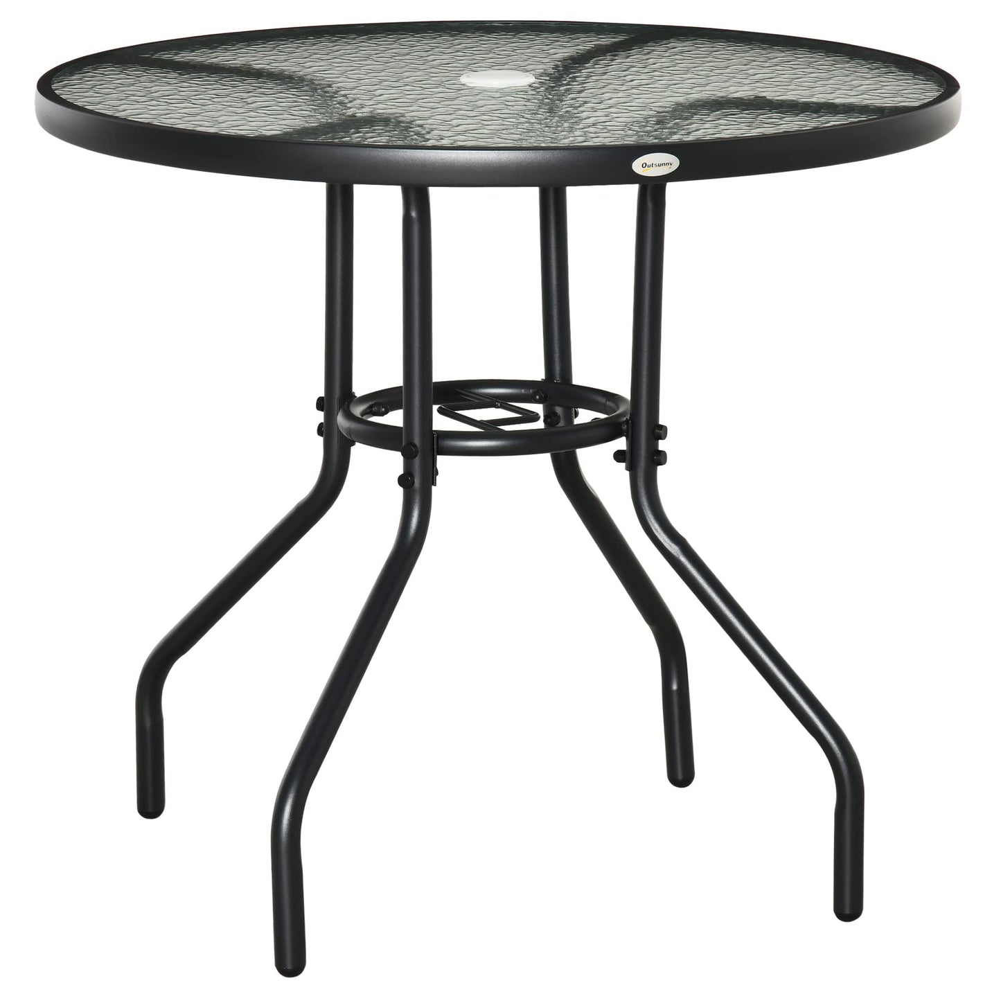 Outsunny Outdoor φ80cm Round Dining Table Tempered Glass Top Steel Frame Bistro Coffee End Side Table Garden w/Parasol Hole
