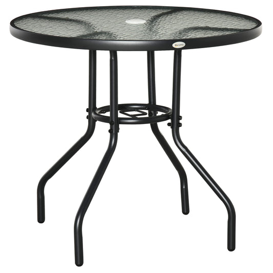 Outsunny Outdoor φ80cm Round Dining Table Tempered Glass Top Steel Frame Bistro Coffee End Side Table Garden w/Parasol Hole