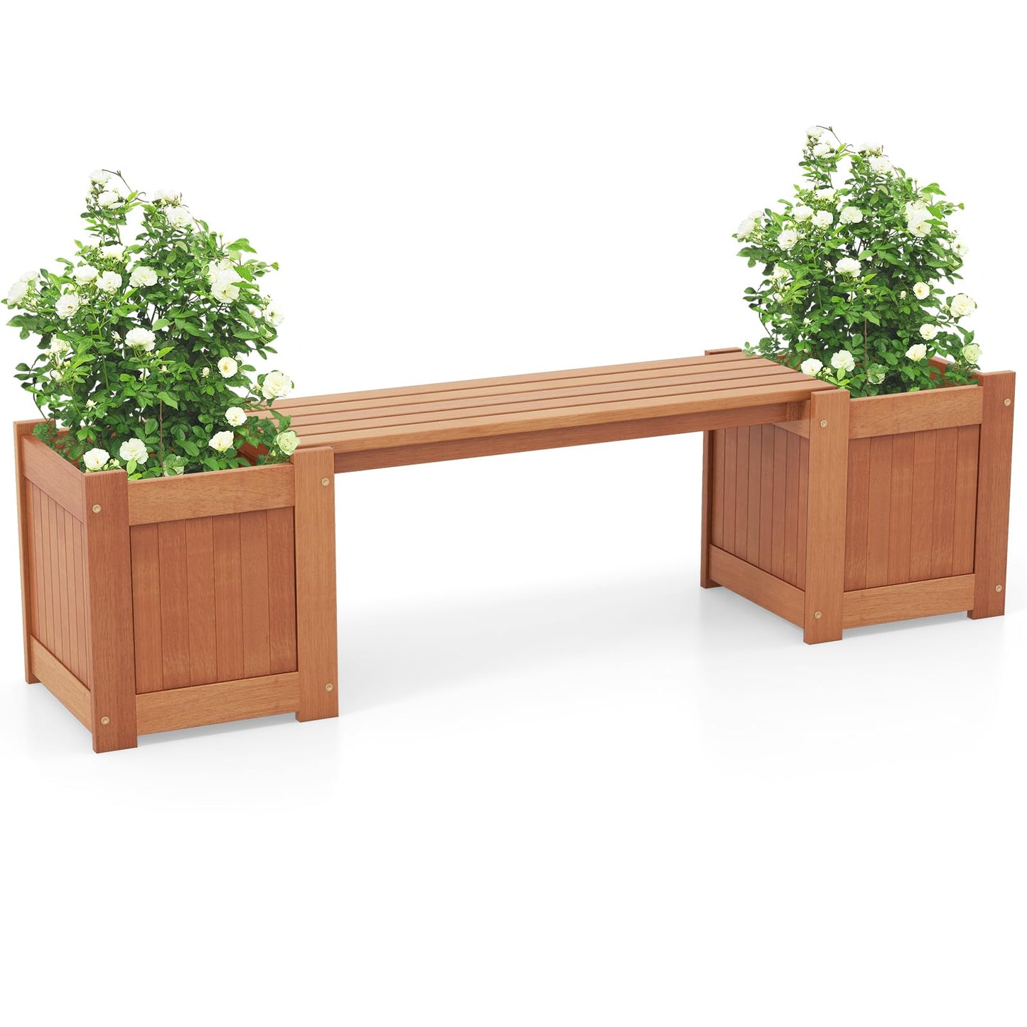 TANGZON Wood Planter Box with Bench, Raised Garden Bed with Seat, Teak Oil Finish & Open-ended Base, Outdoor Flower Box Kit Patio Decor Bench for Garden Yard Balcony (2 Planter Box)