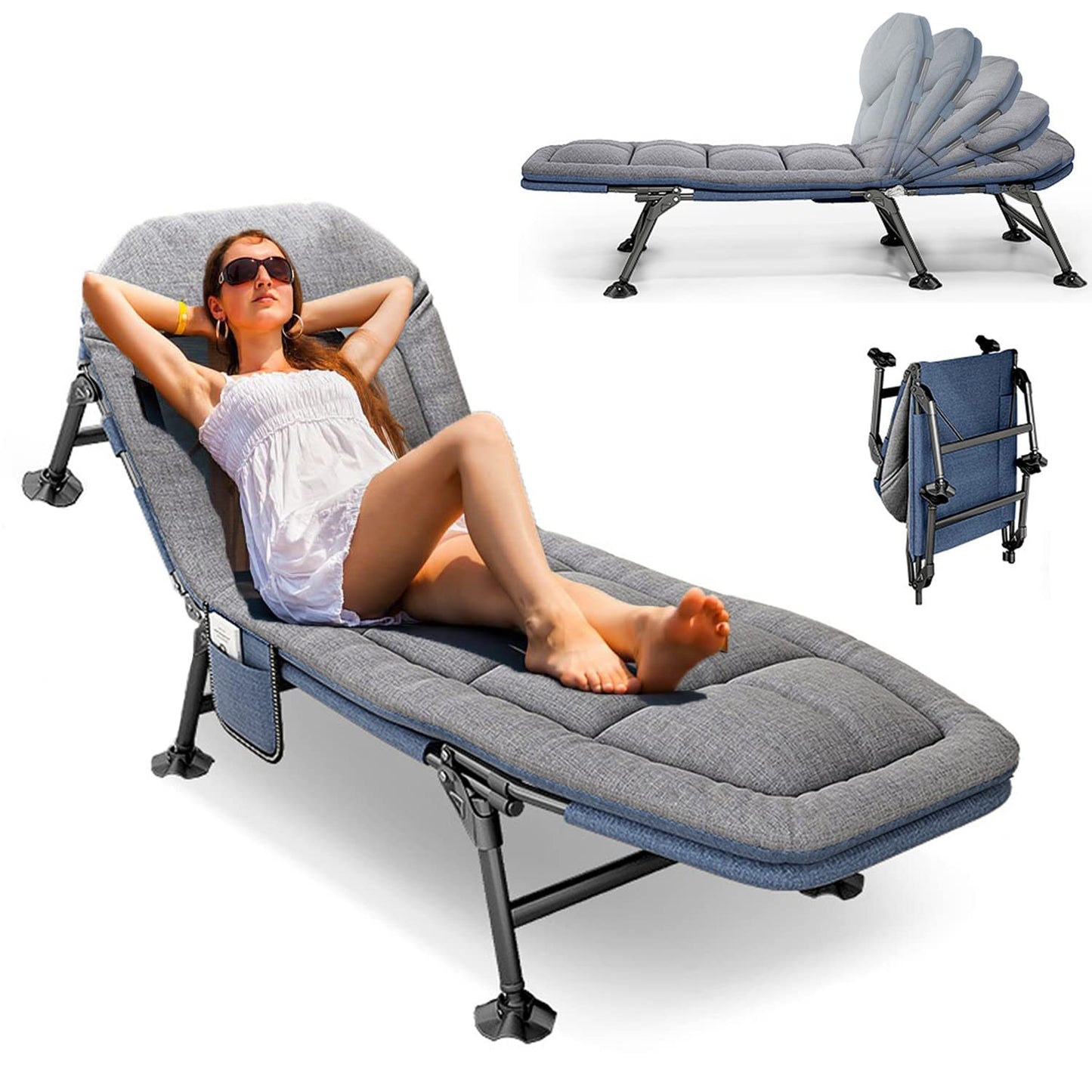 PERRTWDLF 2023 Garden Sun Loungers - Reclining Garden Chairs, Fishing Bedchair, Carp Fishing Chair with Side Pocket and Mattress, Adjustable 5 Gears Portable Sunloungers Patio Beach Pool, Gray