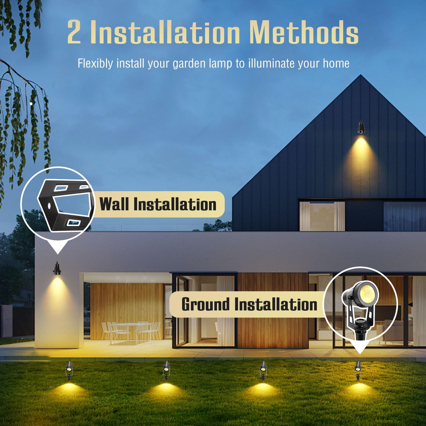 GreenClick Garden Spike Lights, Extendable Garden Lights Mains Powered 12V Low Voltage Landscape Spotlights IP65 Waterproof Outdoor Garden Uplights for Wall Trees Shrubs(4 Pack, Warm White)