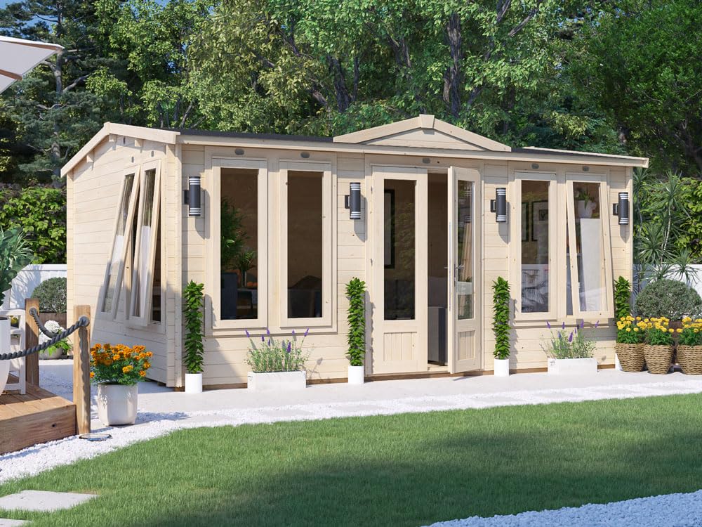 Dunster House Log Cabin Summer House 5 x 4 Metres Garden Room Office Man Cave DIY Outdoor Building Shed GhostFlower 34mm