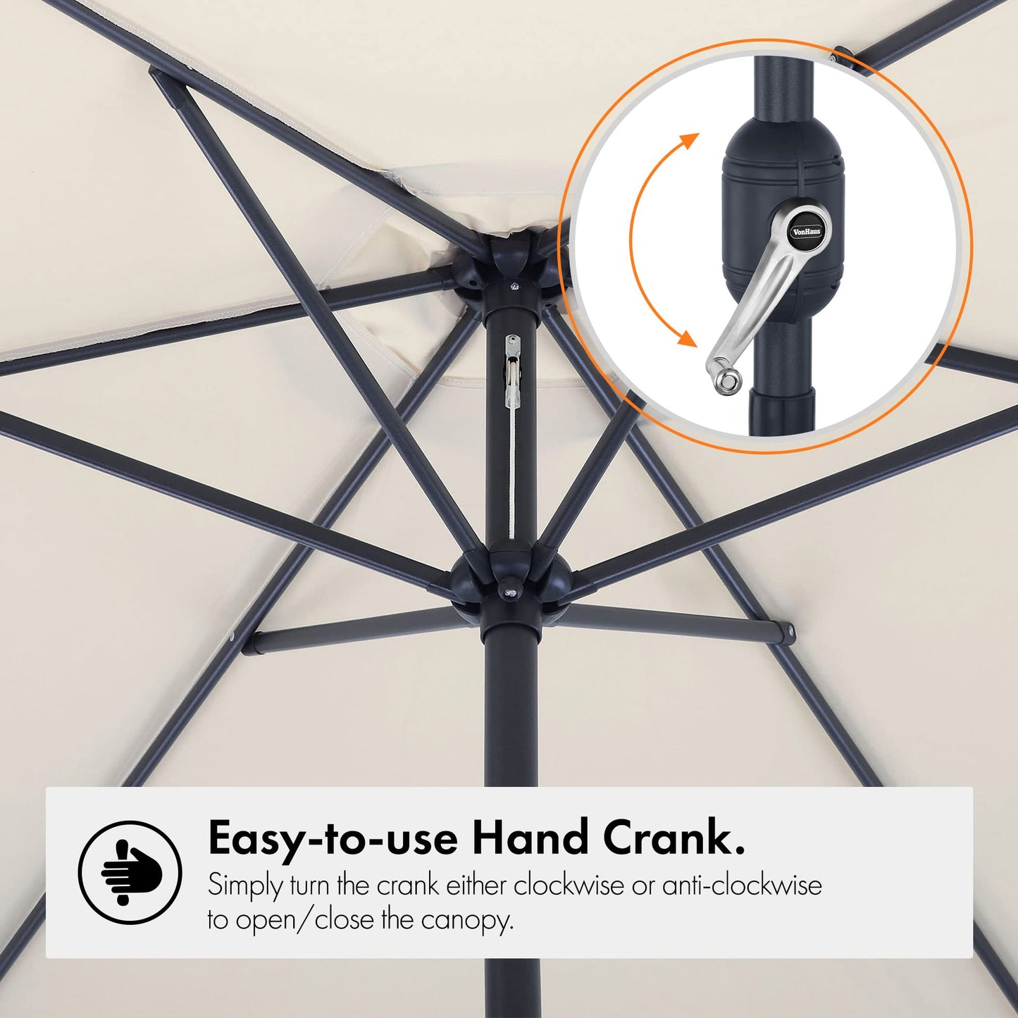 VonHaus Parasol 2.7M – Parasol Umbrella for Outdoor, Garden, Patio – Sun Shade Canopy with Hand Crank, Tilt Function, UV30- Protection, Air Vent, Powder Coated Steel Frame