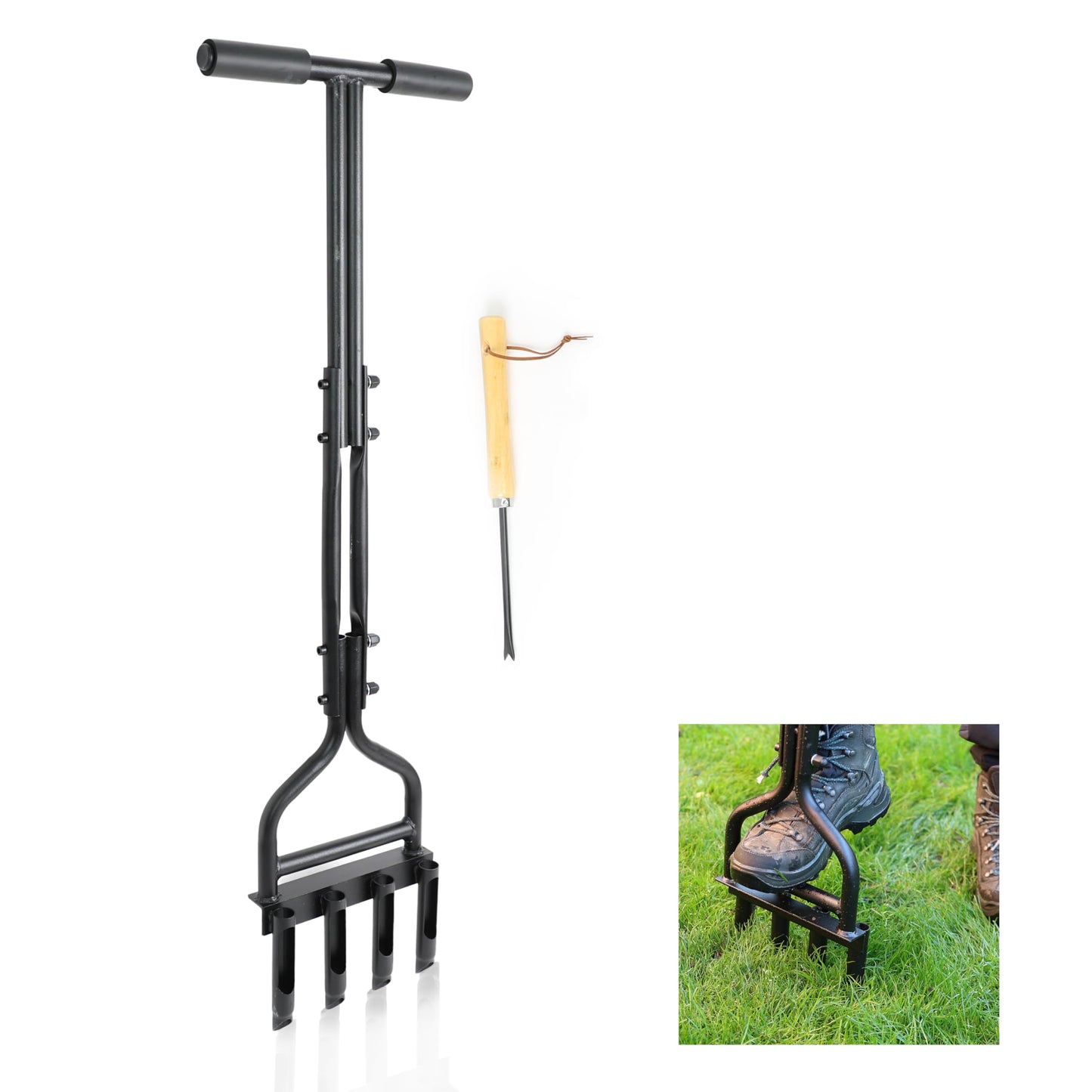 DIVCHI Lawn Aerator Tool, Aerator Lawn Coring Tool With Clean Tool, Manual Plug Aeration Tools With 4 Hollow Slots For Compacted Soil & Lawn Garden Care