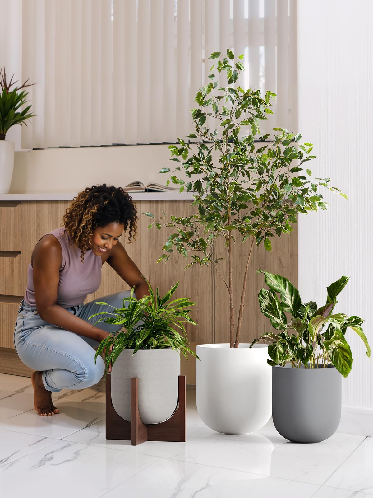 LE TAUCI 25 cm Plant Pot, Ceramic Pots for Plants with Drainage Holes and Rubber Plug, Plant Pots Indoor Outdoor for Home Garden Patio Office, Cylinder Flower Pot, Grey