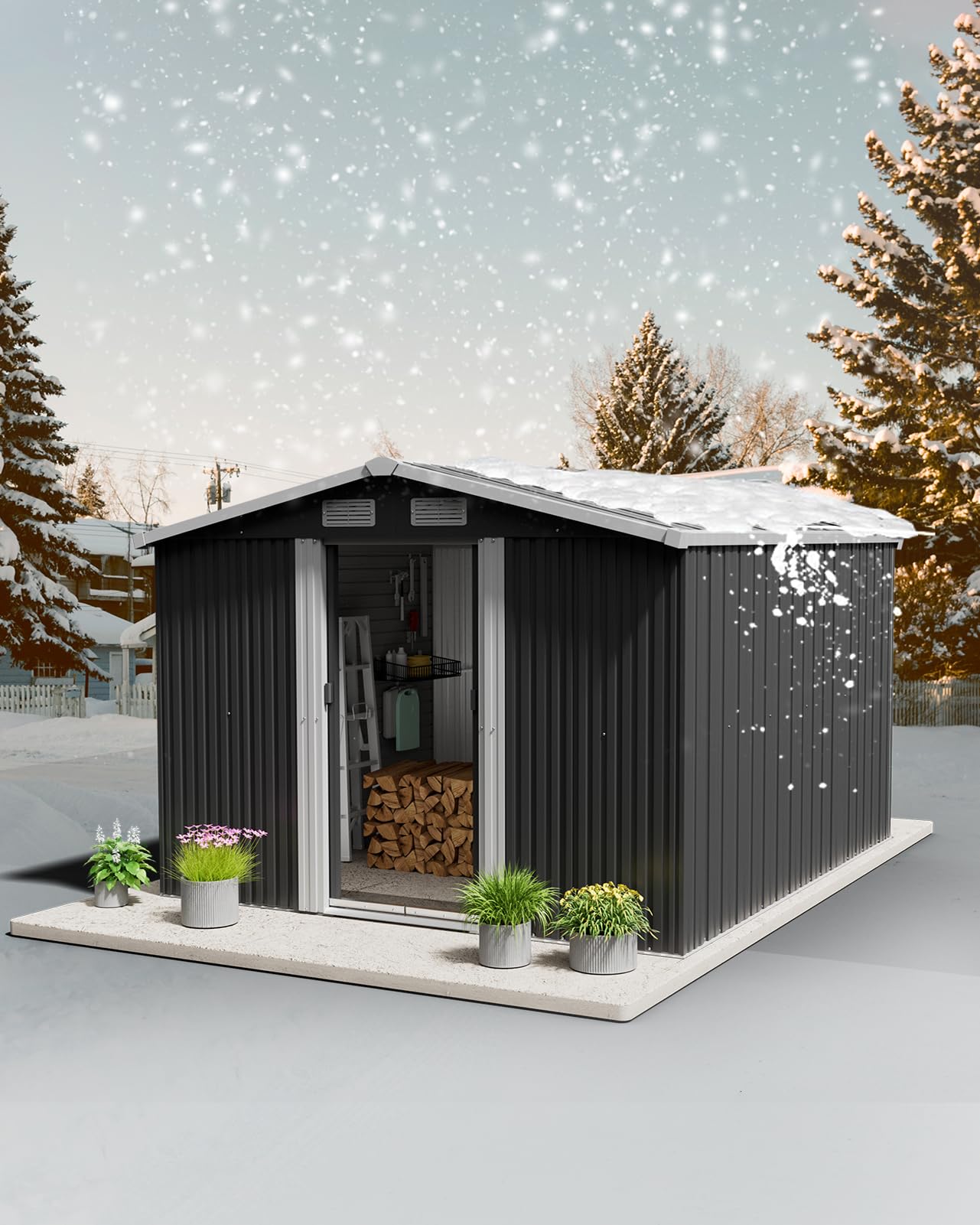 XEMQENER Large Garden Storage Shed with Base, 10x8 FT Metal Garden Shed with Door and Roof, Lockable Outdoor Storage House for Gardening Tools, Gardening Equipment, Bike, 257x312x178cm, Black