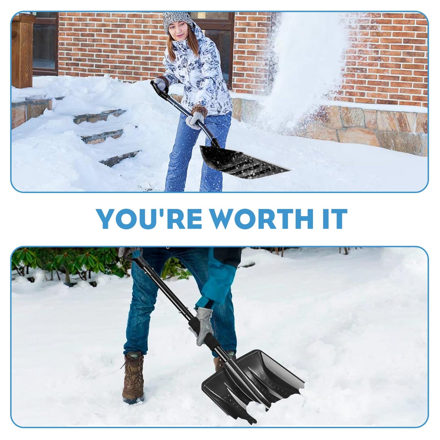 MEETOZ Snow Shovel, 2025 New Upgrade Snow Shovels, Lightweight and Detachable Shovels for Driveway, Portable Shovel for Cars, Home, Garden, Mud and Snowman, Snow Removal(Black)