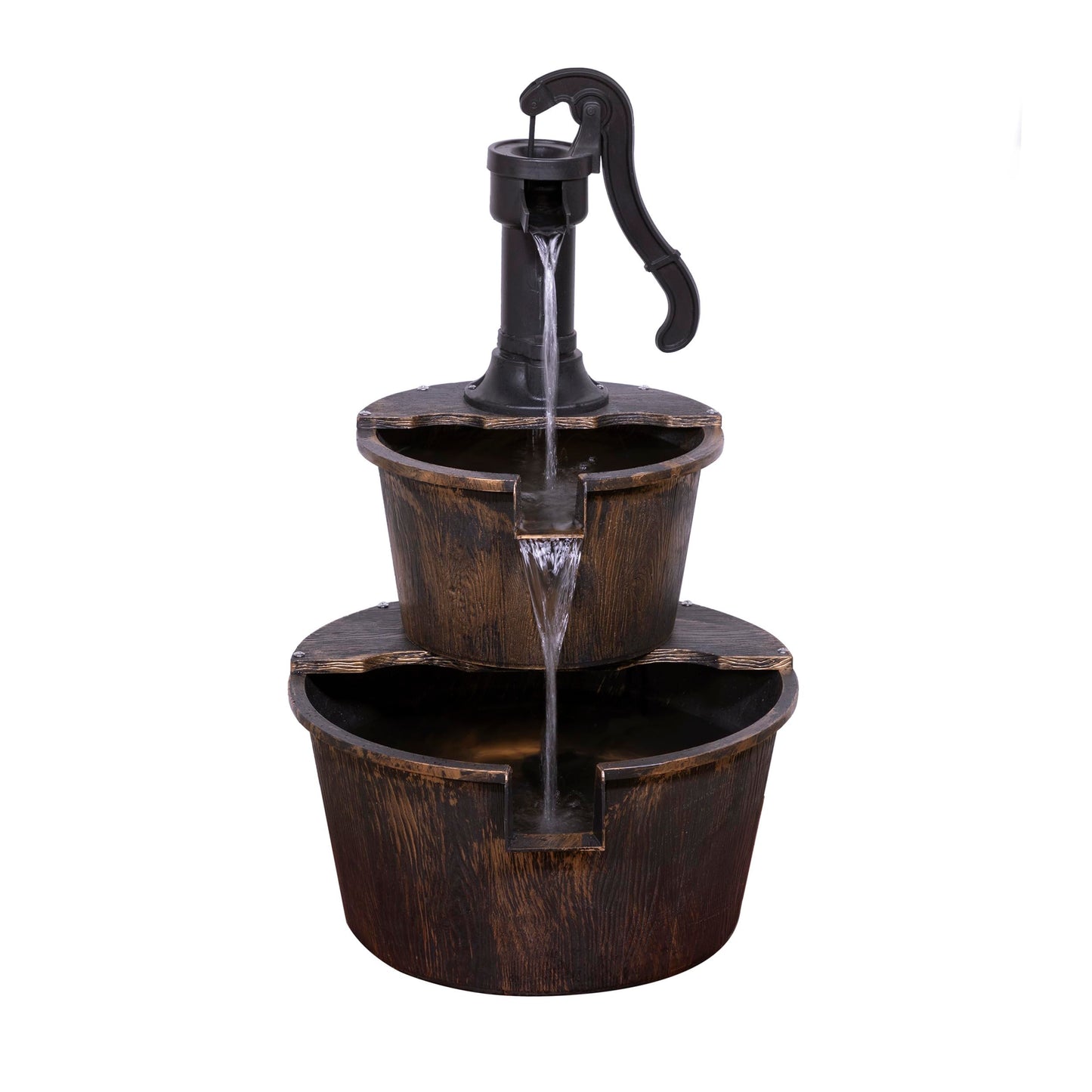 Alpine Corporation 69 cm Tall 2-Tier Barrel and Pump Waterfall Fountain, Bronze Finish