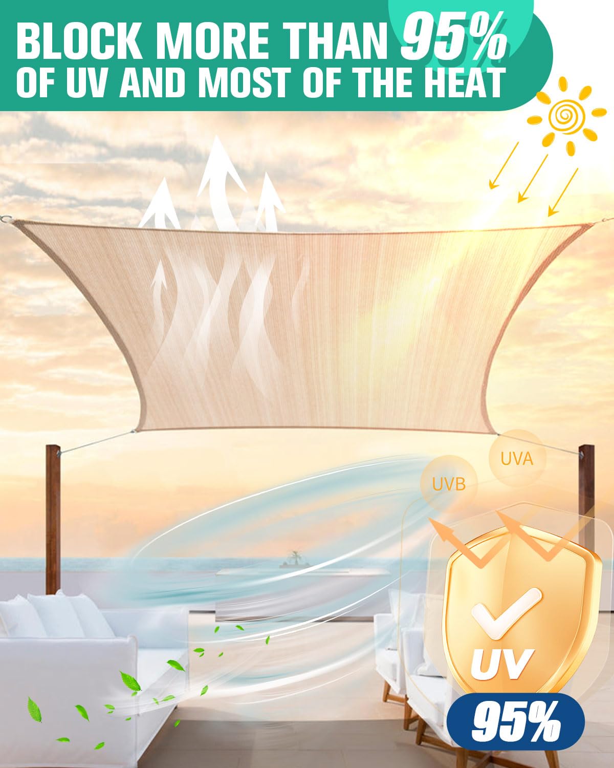 3x4m Premium Sun Shade Sail Rectangle, 420D Waterproof Fabric, 95% UV Block, Includes Free Rope and 304 Stainless Steel Fixing Kit, Perfect for Backyard, Garden, Patio, Yard, and Parties (Yellow)