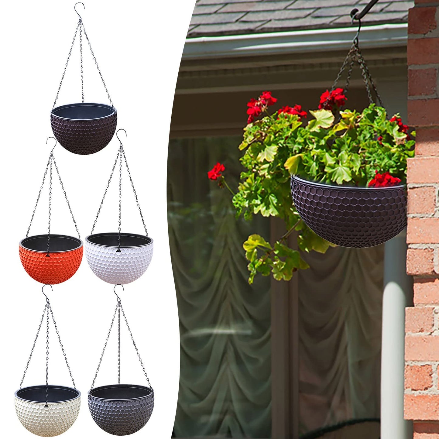 JAXICH Hanging Basket with 3 Metal Wire Hanging Planters Hanging Flower Pots Plant Basket Hanging Plant Holder Hanging Planters Self Watering Basket for Indoor Outdoor Garden Porch Decoration 25cm